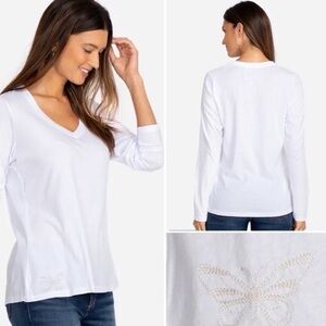 JOHNNY WAS Long Sleeve V‑Neck Layering Tee Butterfly Embroidery White.  3